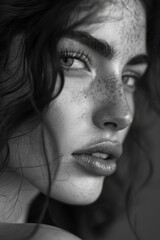 Fototapeta premium A close-up shot of a woman's face with distinctive freckles, great for beauty or portrait use