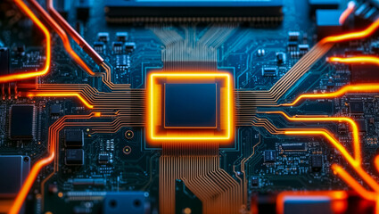 Fototapeta premium Computer circuit board with chips illuminated by orange glowing lines and wires. Background for themes related to technology, electronics, and innovation.