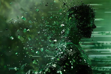 A digital human figure dissolves into data streams, symbolizing the convergence of humanity and technology in a blend of green hues.