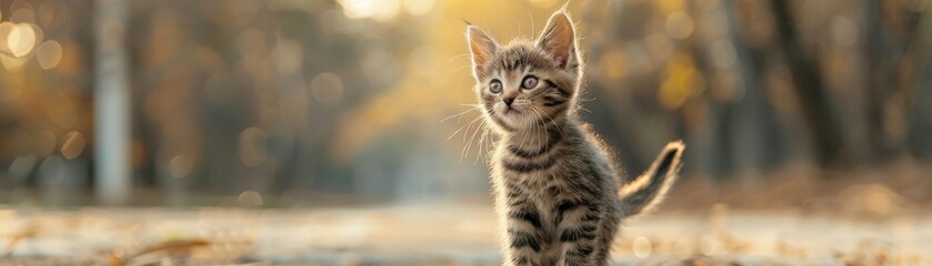 Obraz premium Adorable kitten sits on a sunlit path in an autumn forest, surrounded by golden leaves and a serene natural setting.