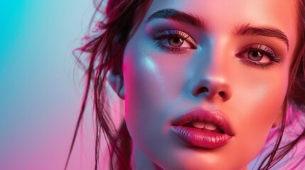 Close-up of Model's Face with Neon Lighting