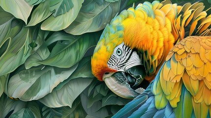 Obraz premium A parrot preening its feathers, showing intricate details and textures, with a soft, green background of leaves