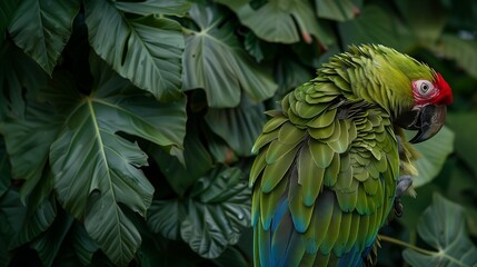 Fototapeta premium A parrot preening its feathers, showing intricate details and textures, with a soft, green background of leaves