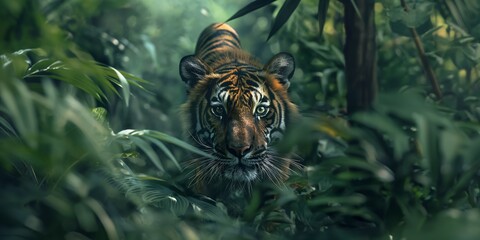 tiger in the pond, Hunting Tiger in Dense Jungle A fierce tiger stalking through the dense jungle, captured in a full-body shot, showcasing its powerful physique and stealthy movement. 