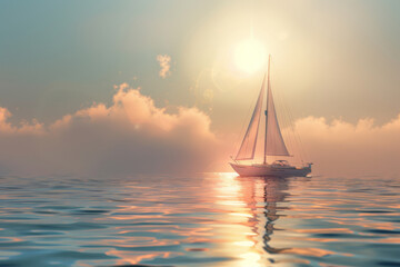 Fototapeta premium A lone sailboat gliding through serene waters at sunset, surrounded by a peaceful, pastel-hued sky.