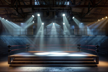 A spotlighted boxing ring framed within a spacious, industrial venue, ready for an electrifying boxing match.