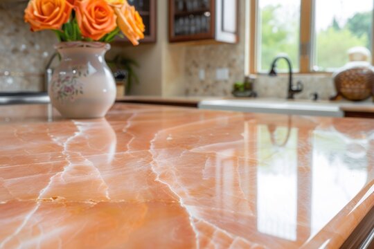 An elegant quartzite countertop shimmering against a warm coral background.