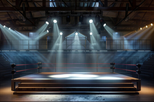A spotlighted boxing ring framed within a spacious, industrial venue, ready for an electrifying boxing match.