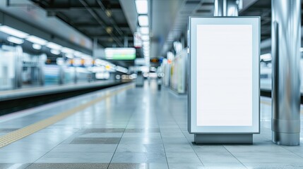 Fototapeta premium Empty subway platform with a blank advertisement display. Modern urban transportation scene with copy space for advertisement.