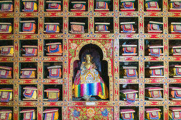 cabinet with Tibetan sutras, monastery library, Bardan Monastery, Zanskar, India