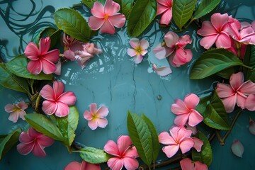 pink flowers surrounding blue surface green leafy plant centerpiece floral still life photo