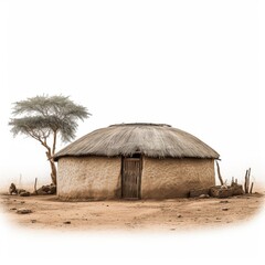 A Traditional Mud Hut in a Rural African Village on a Misty Morning