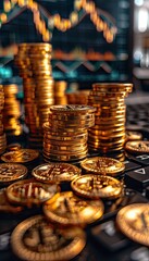 A bunch of shiny gold coins neatly stacked on a wooden table