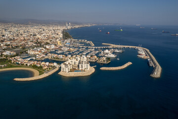 Aerial drone photo of yacht and fishing marina.. Limassol harbour, Cyprus, Europe