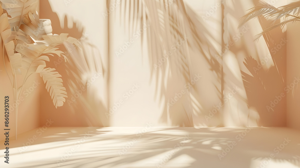 Poster Abstract beige studio background for product presentation Empty room with shadows of window and flowers and palm leaves  3d room with copy space Summer concert Blurred backdrop : Generative AI