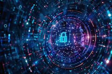 Obraz premium Digital padlock icon with glowing data connections, cyber security abstract design in futuristic style.