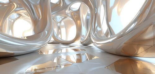 A sophisticated 3D rendering of an abstract interior with geometric shapes, featuring complex patterns, smooth surfaces, and vibrant light reflections.
