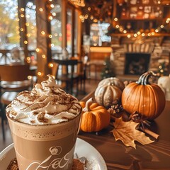 Cozy Cafe with Pumpkin Spice Latte and Autumn Decor