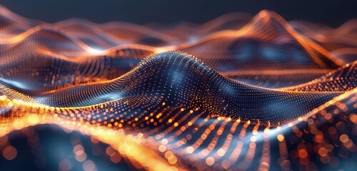 A sophisticated 3D rendering of abstract wave particles, with a complex interplay of light and shadow highlighting the fluid motion and dynamic patterns.