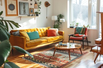 A mid-century modern living room with a yellow couch, coffee table, rug, armchair and plants.