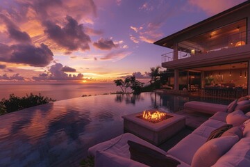 Fototapeta premium A fire pit sits atop a patio next to an outdoor swimming pool, perfect for a relaxing evening