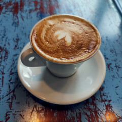 Fresh aro,matic cappuchino with heart foam on blue wooden table