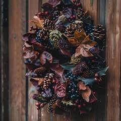 Autumn Wreath with Dried Leaves, Berries, and Pinecones