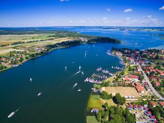 Aerial view of Rydzewo village on the shore of Boczne Lake, Masuria, Poland
