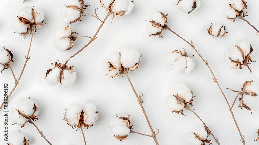 Poster composition with cotton flowers on white background top view : generative ai