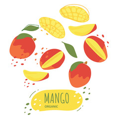 A set of mango slices with the inscription mango. Fresh, juicy and tasty fruit. Vector illustration of organic fruit. Eco-label for natural watermelon flavor. Juice, smoothie design.