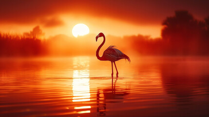 Pink flamingo silhouette wading in water with a colorful sunset  background