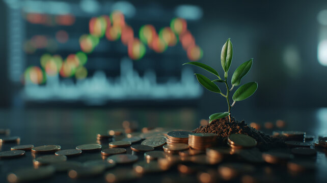 Business concept. Double exposure of plant on a stack of coins with stock charts in the background. Background image representing the growth of your money with the right investment in the stock market