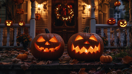 Obraz premium Glowing Jack-o'-Lanterns on Halloween Porch