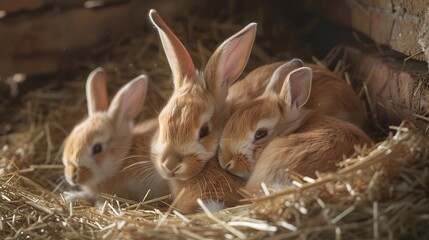 Obraz premium Family of Bunnies Cuddling in Hay Nest