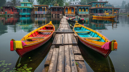 Obraz premium colourful river wooden boat 
