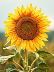 Obraz premium Bright yellow sunflower in full bloom against a blurred natural background, capturing the beauty of summer and nature.