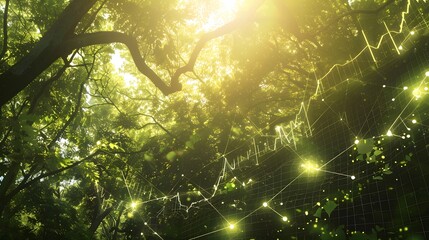 Financial Graph Overlaid on Thriving Green Forest, Eco-Friendly Theme