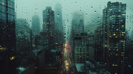 Fototapeta premium Foggy Cityscape with Skyscrapers and Rain-Soaked Streets