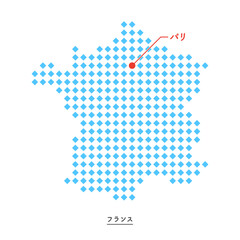 Fototapeta premium フランスのマップとパリの位置 - シンプルでモダンな水色のダイヤ形のドットの地図 