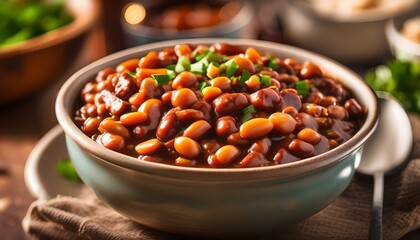 Homemade Barbecue Baked Beans with pork in a bowl
