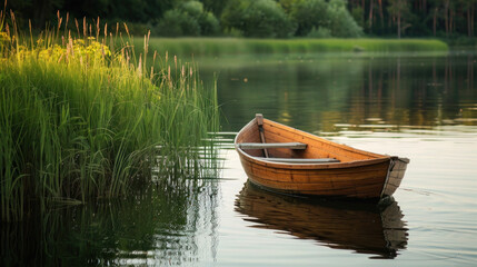A wooden rowboat drifting on the lake water