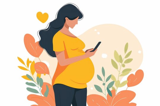 pregnant woman with phone and flowers