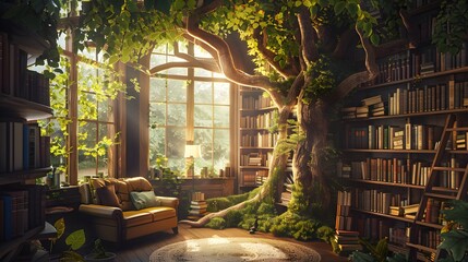 Fototapeta premium Whimsical Library with Bookshelves in a Living Tree