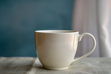 Fototapeta premium White Mug on a Table with Blue Background