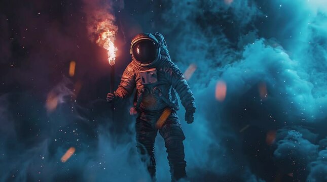 Astronaut holding fiery torch with billowing black smoke
 Seamless looping 4k time-lapse virtual video animation background. Generated AI