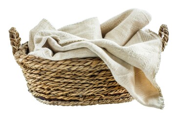 Obraz premium A White Linen Cloth Draped Inside a Woven Rattan Basket