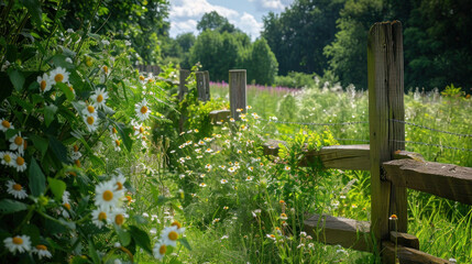 Naklejka premium A wooden fence in the flower garden