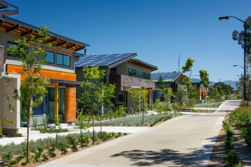 Obraz premium Modern Sustainable Residential Street with Solar Panel Homes Promoting Green Lifestyle