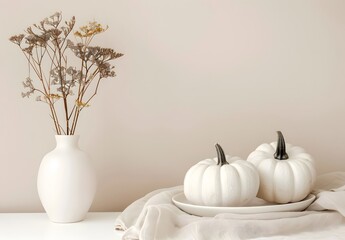 Minimalist Autumn Dinner Setting with Pumpkins on Plates