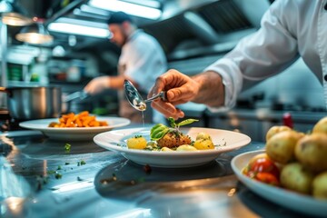 Sophisticated Potato Tasting Menu in Professional Upscale Kitchen Featuring Chefs' Culinary Expertise